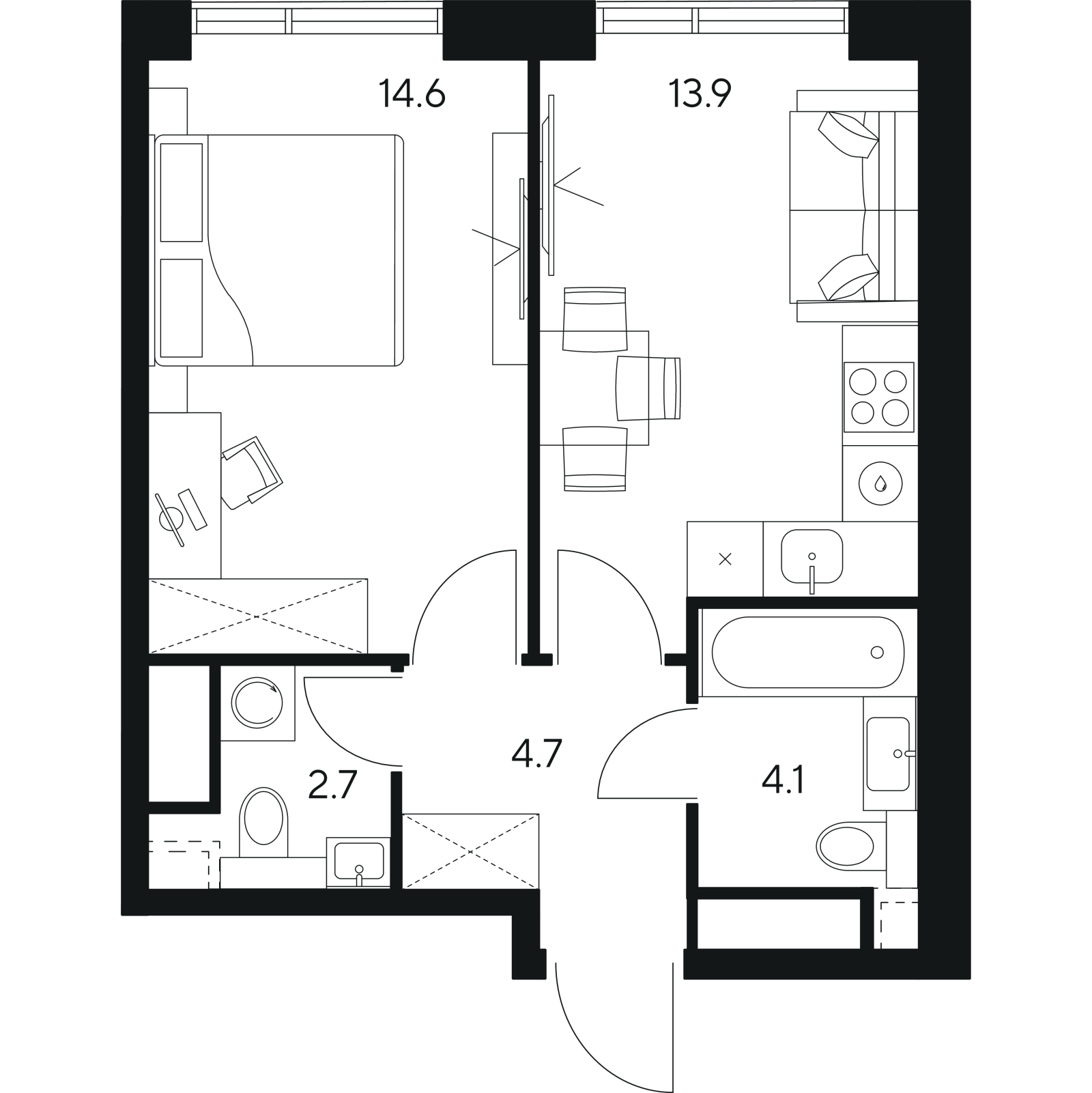 Планировка: 1-комнатная квартира, 40,0 м²