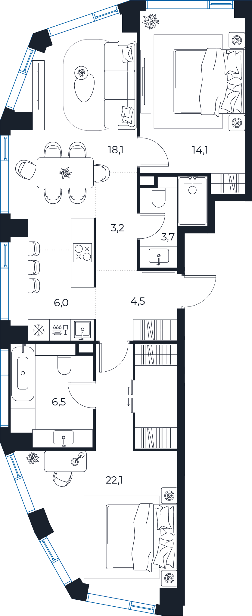 Планировка: 2-комнатная квартира, 78,2 м²