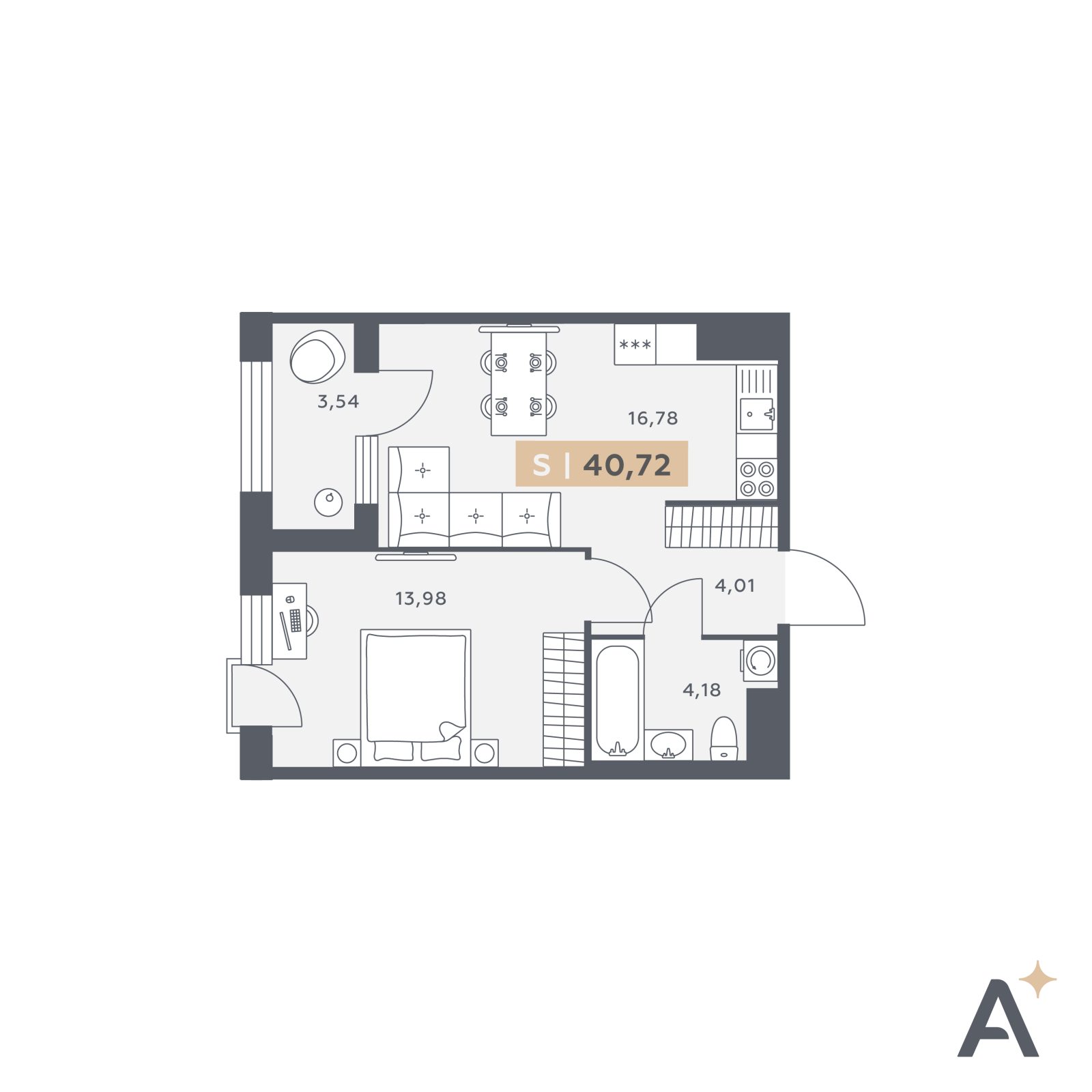 Планировка: 2-комнатная квартира, 40,7 м²