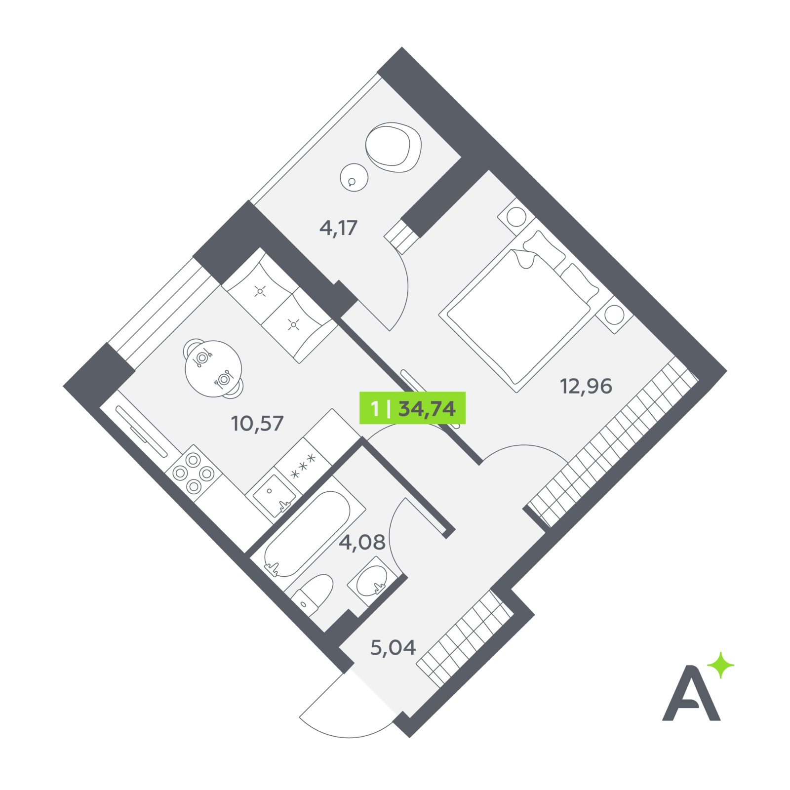 Планировка: 1-комнатная квартира, 34,7 м²