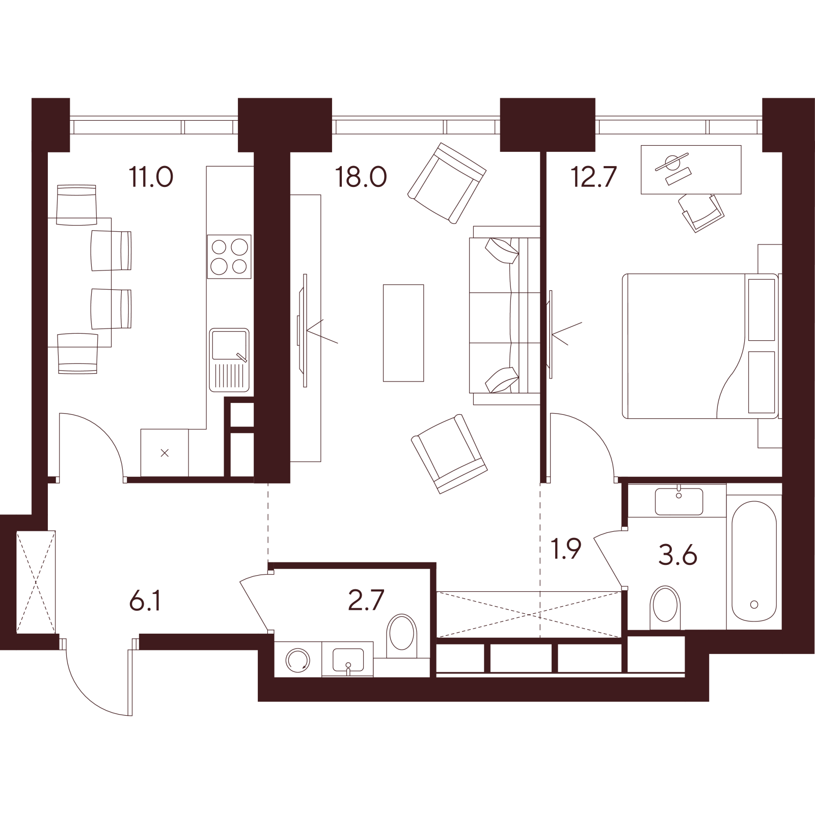 Планировка: 2-комнатная квартира, 56,0 м²