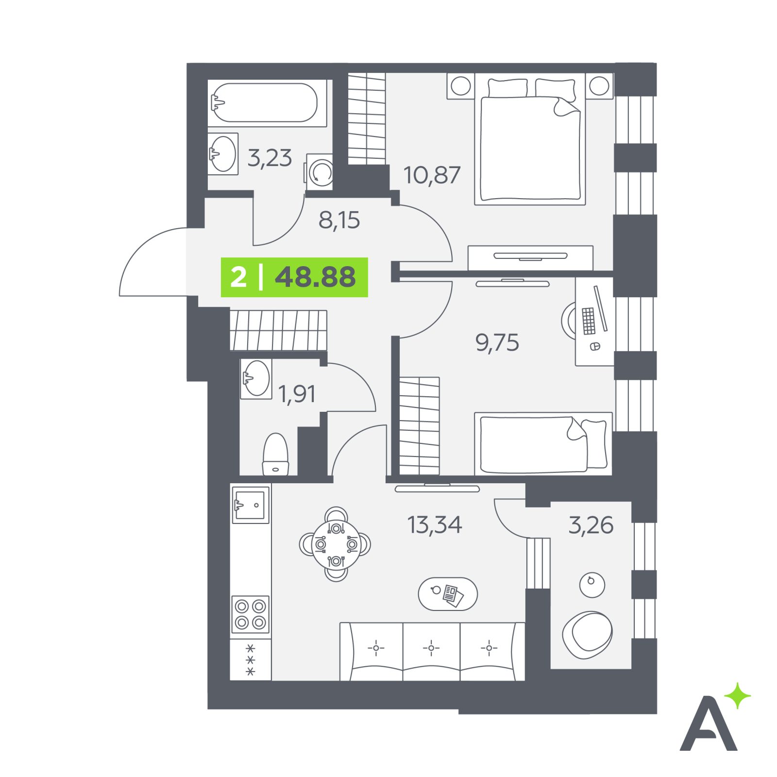 Планировка: 2-комнатная квартира, 48,9 м²
