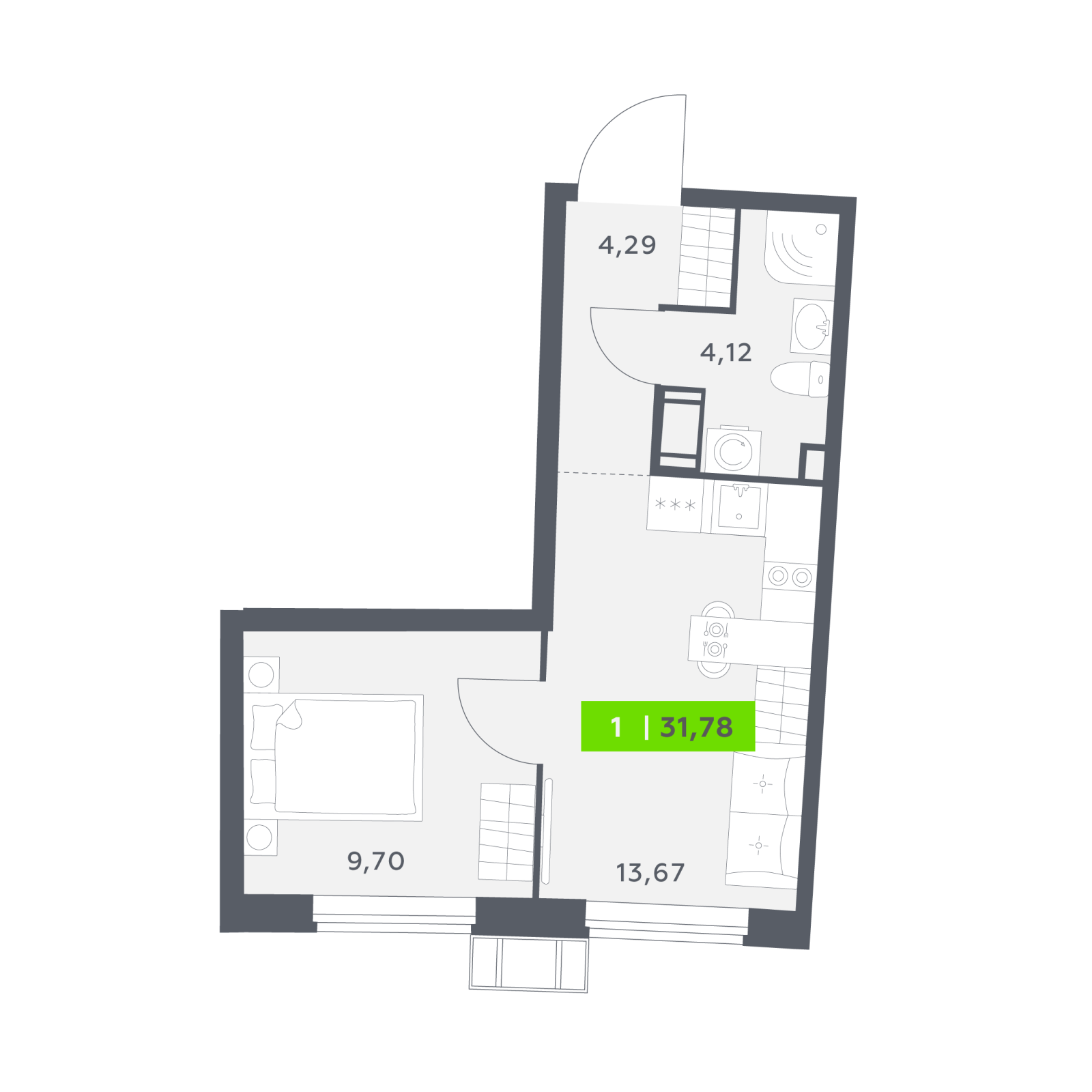 Планировка: 1-комнатная квартира, 31,8 м²