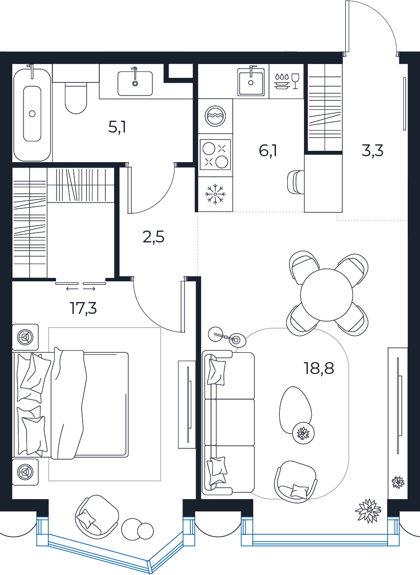 Планировка: 1-комнатная квартира, 53,1 м²