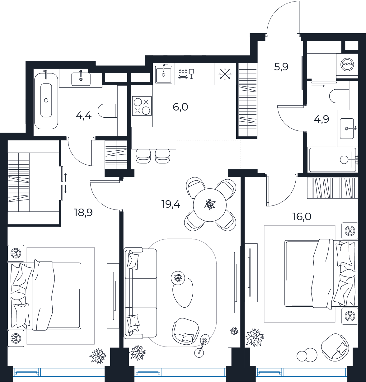 Планировка: 2-комнатная квартира, 75,5 м²