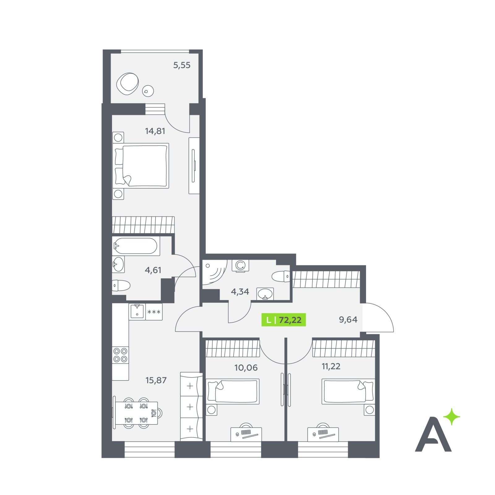 Планировка: 4-комнатная квартира, 72,2 м²