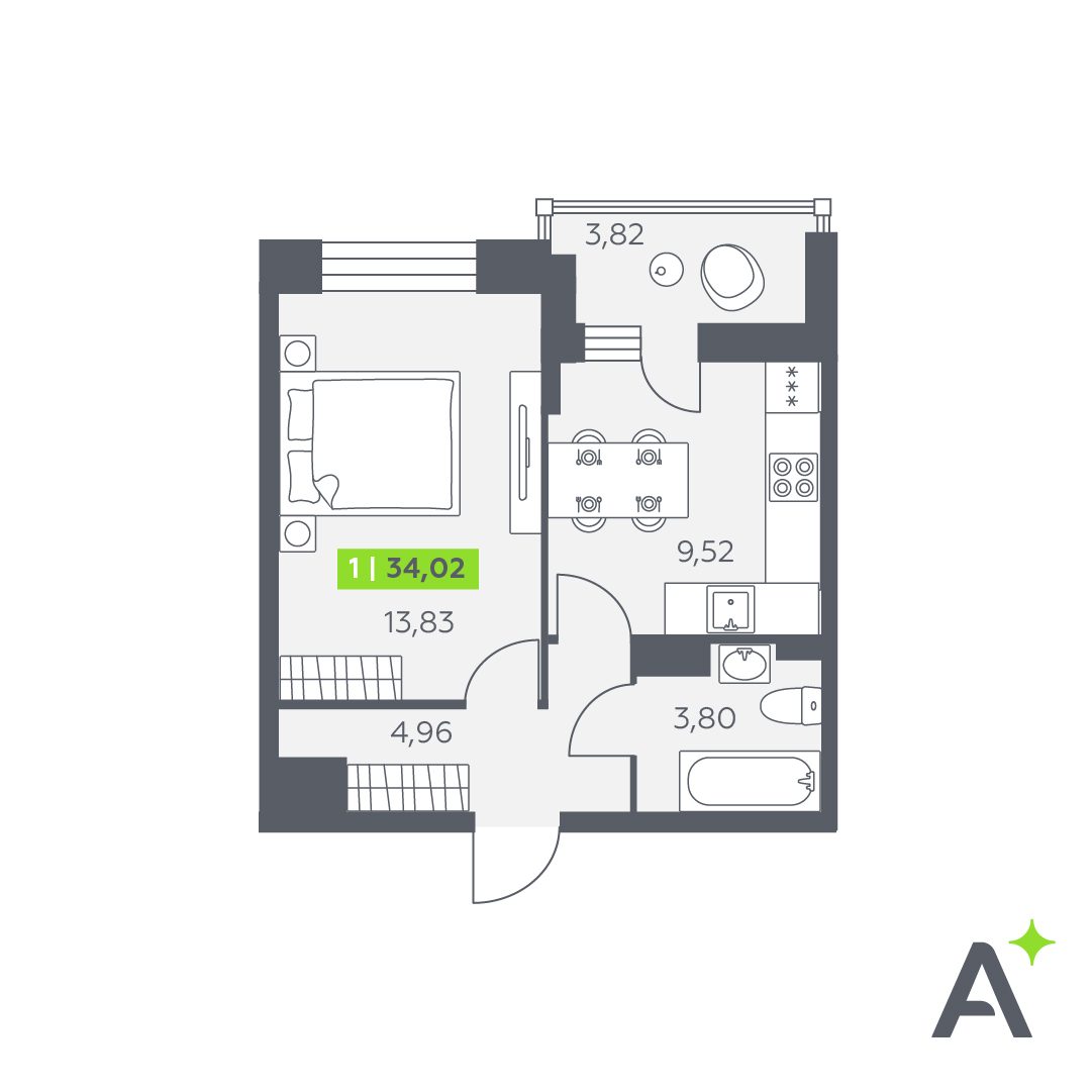 Планировка: 1-комнатная квартира, 34,0 м²