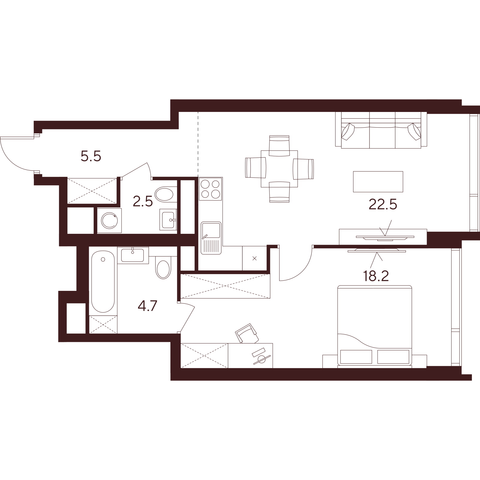 Планировка: 2-комнатная квартира, 53,4 м²