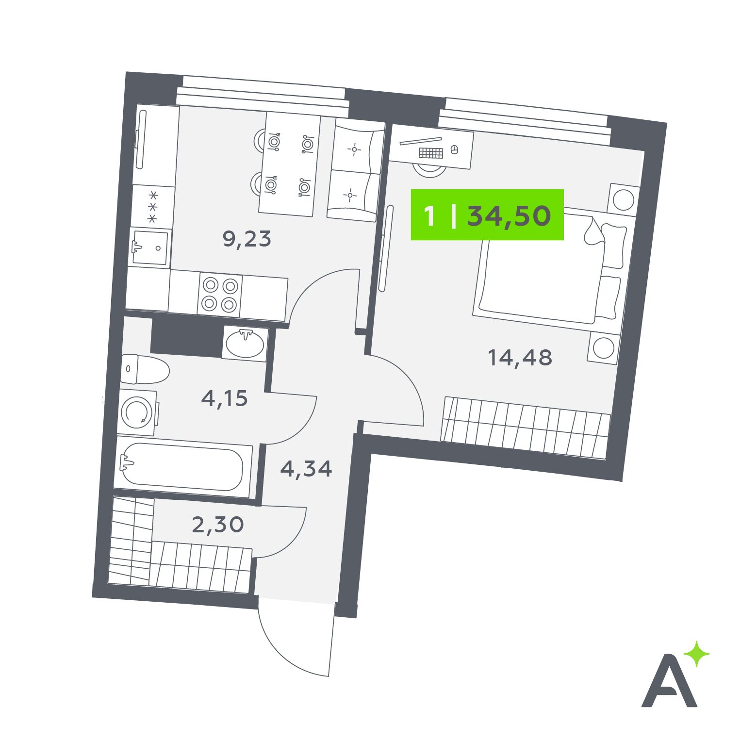 Планировка: 1-комнатная квартира, 34,5 м²