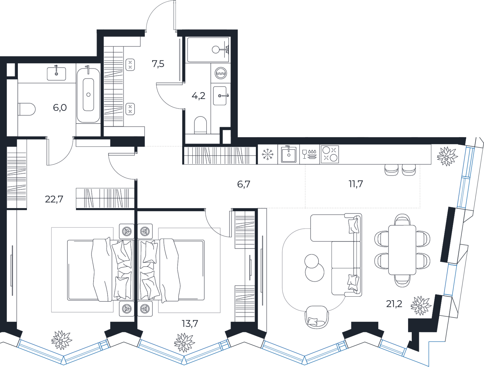 Планировка: 2-комнатная квартира, 93,7 м²