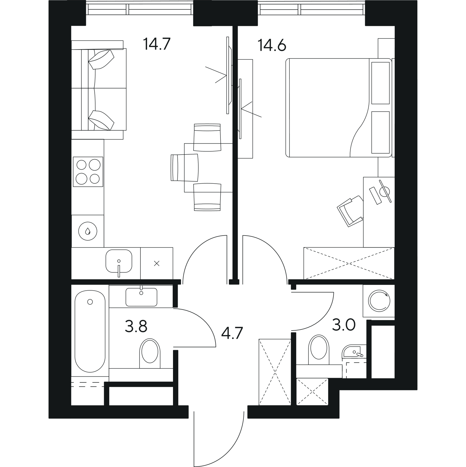 Планировка: 1-комнатная квартира, 40,8 м²