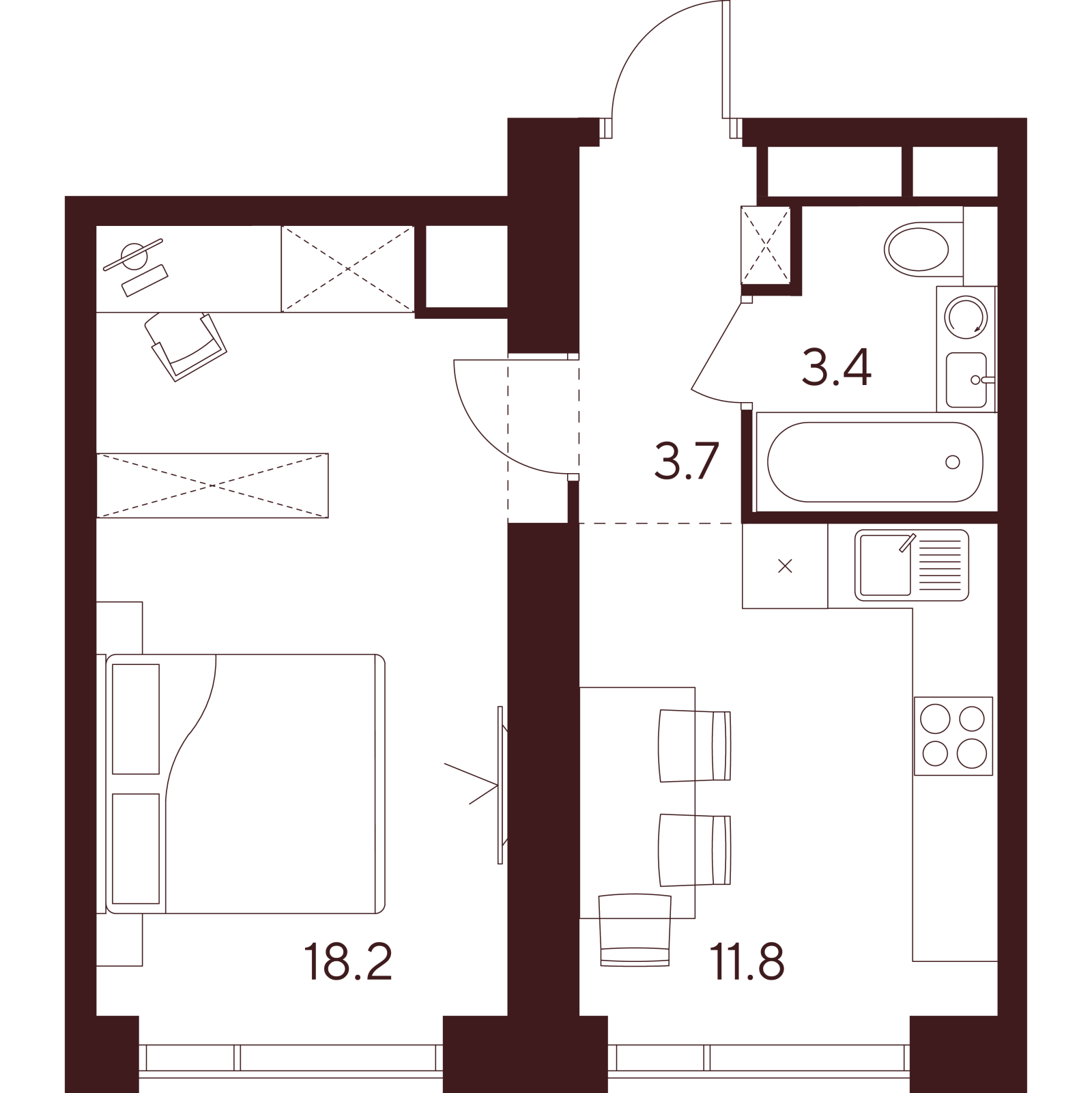 Планировка: 1-комнатная квартира, 37,1 м²
