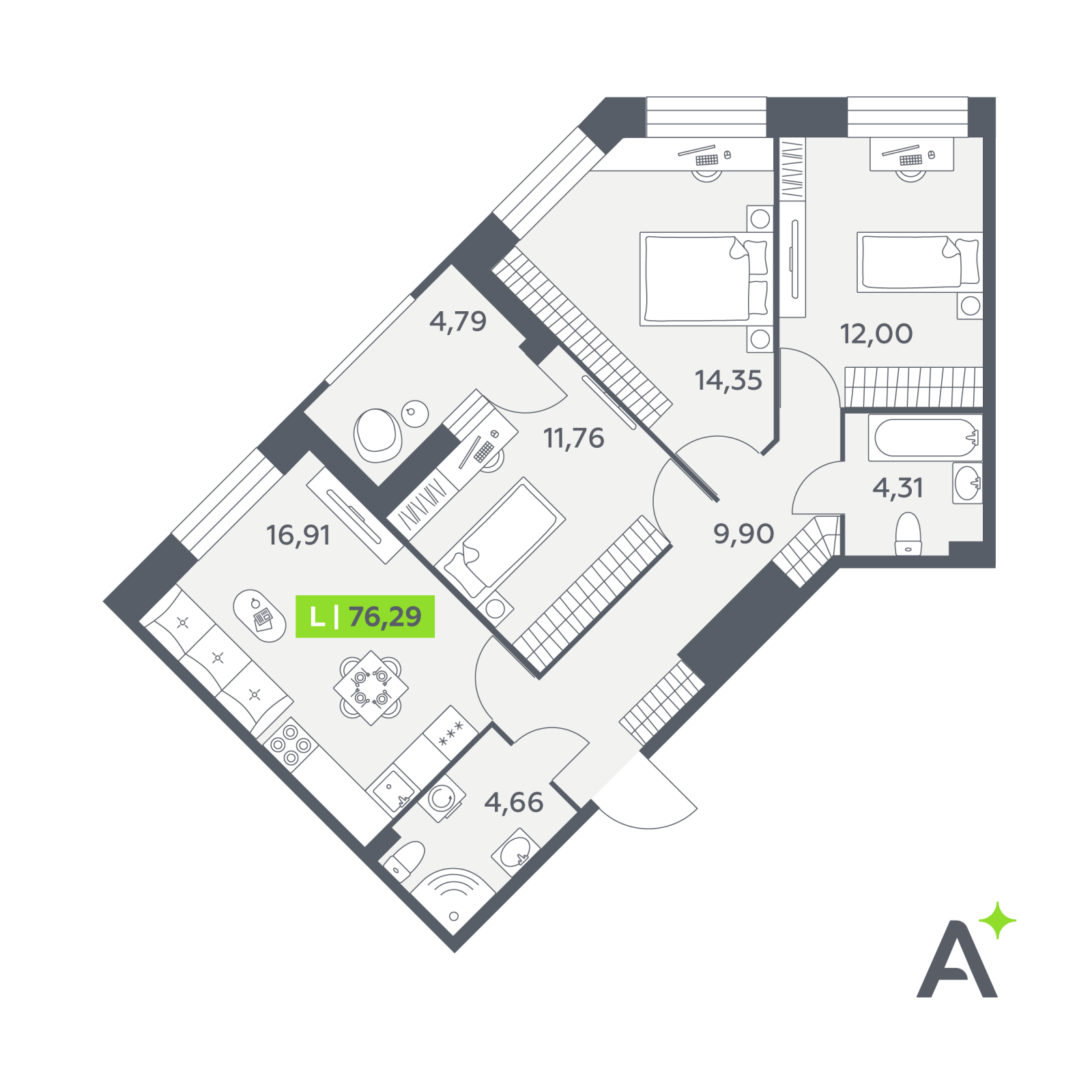 Планировка: 4-комнатная квартира, 76,3 м²