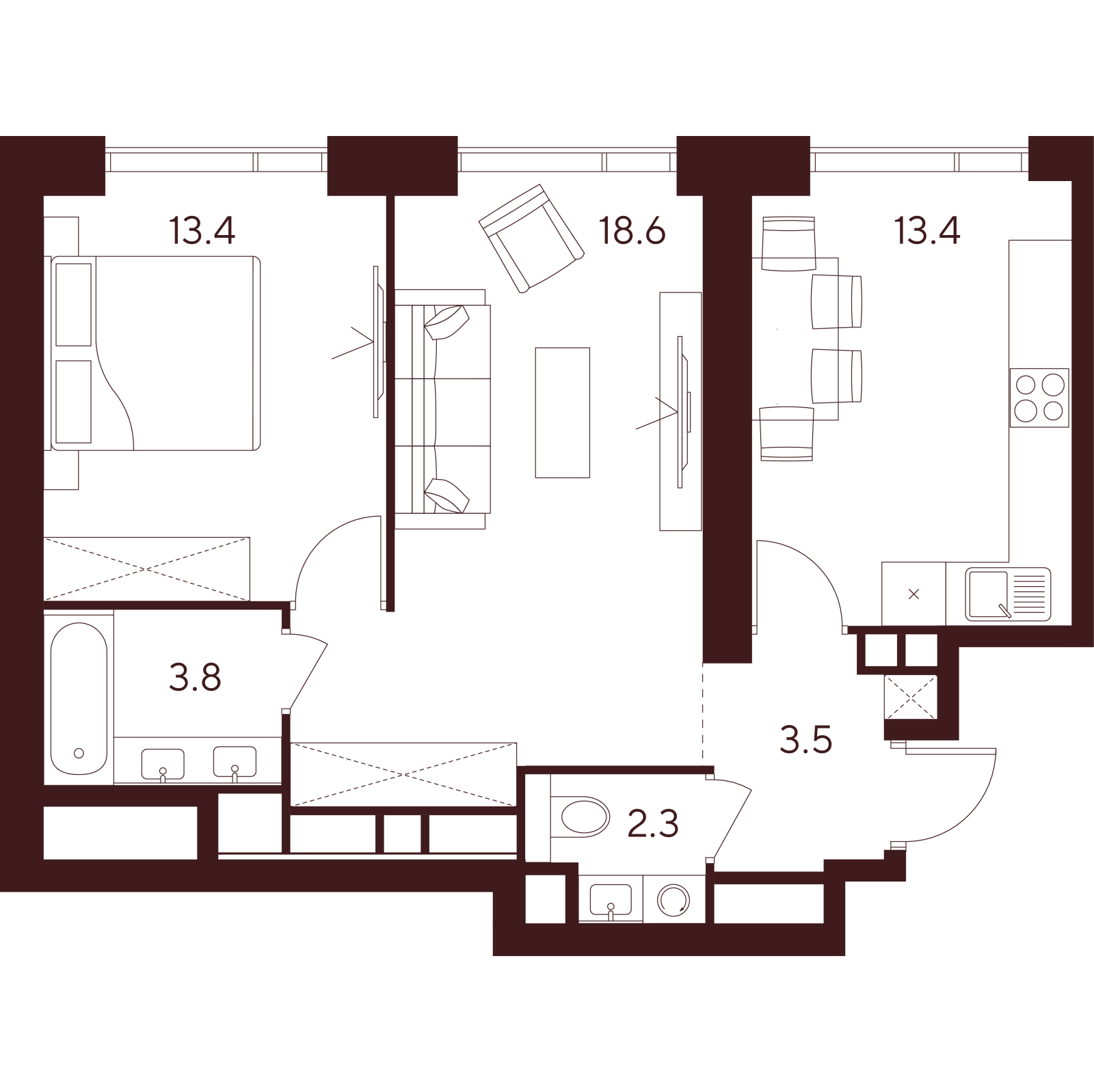 Планировка: 2-комнатная квартира, 55,0 м²