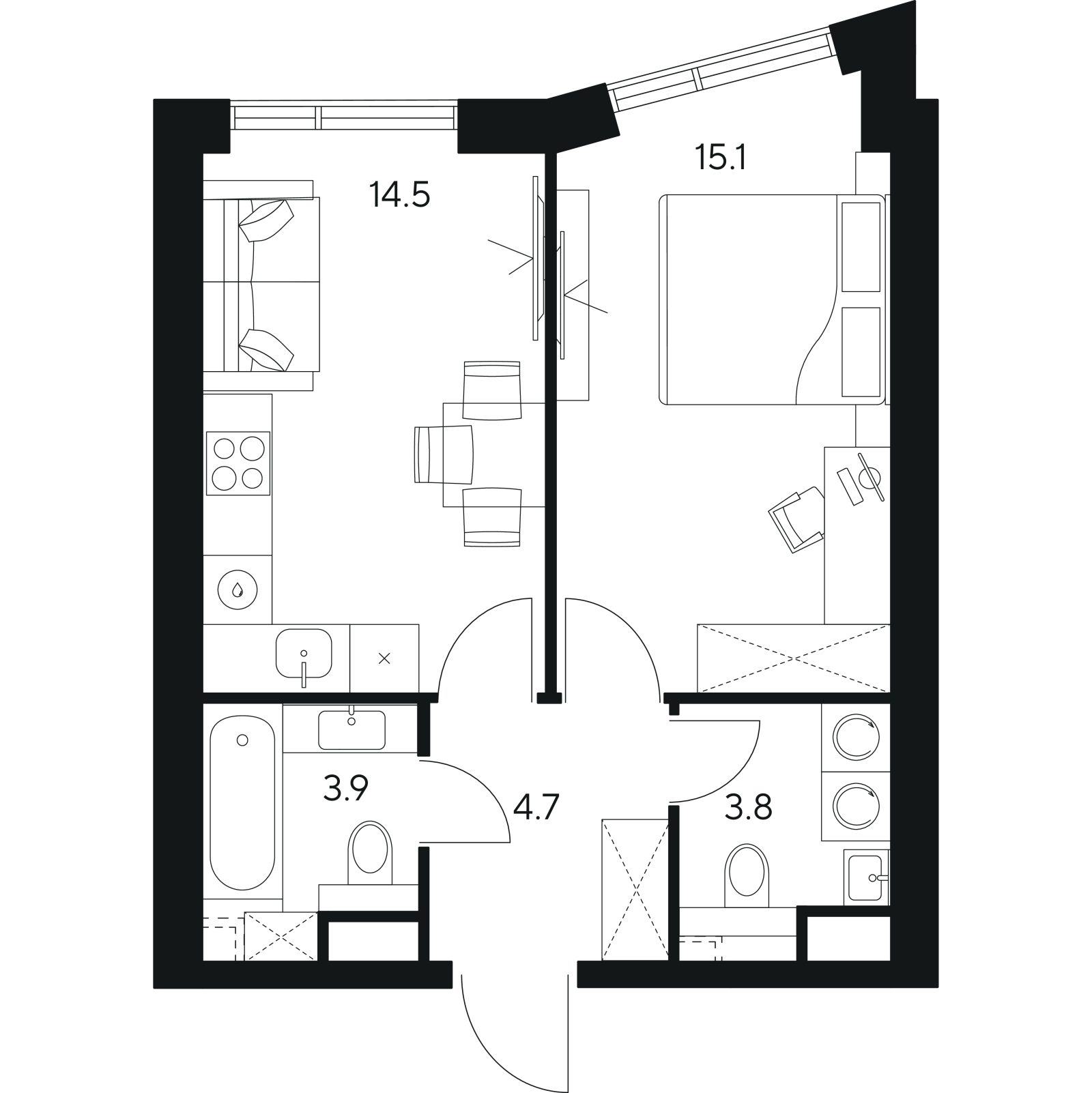 Планировка: 1-комнатная квартира, 42,0 м²