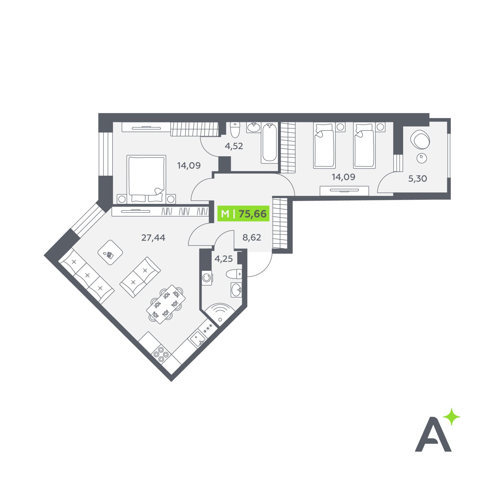 Планировка: 3-комнатная квартира, 75,7 м²