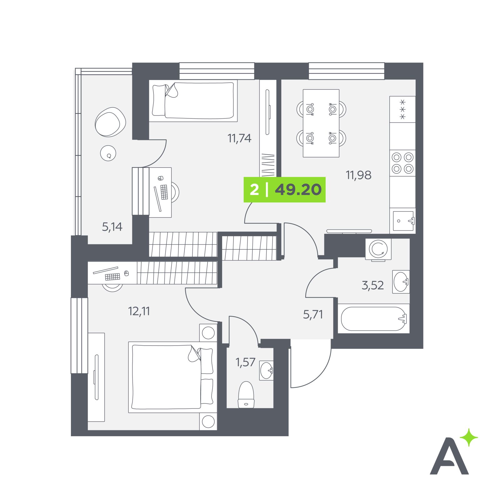 Планировка: 2-комнатная квартира, 49,2 м²