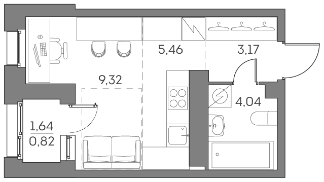 Планировка: студия, 22,8 м²