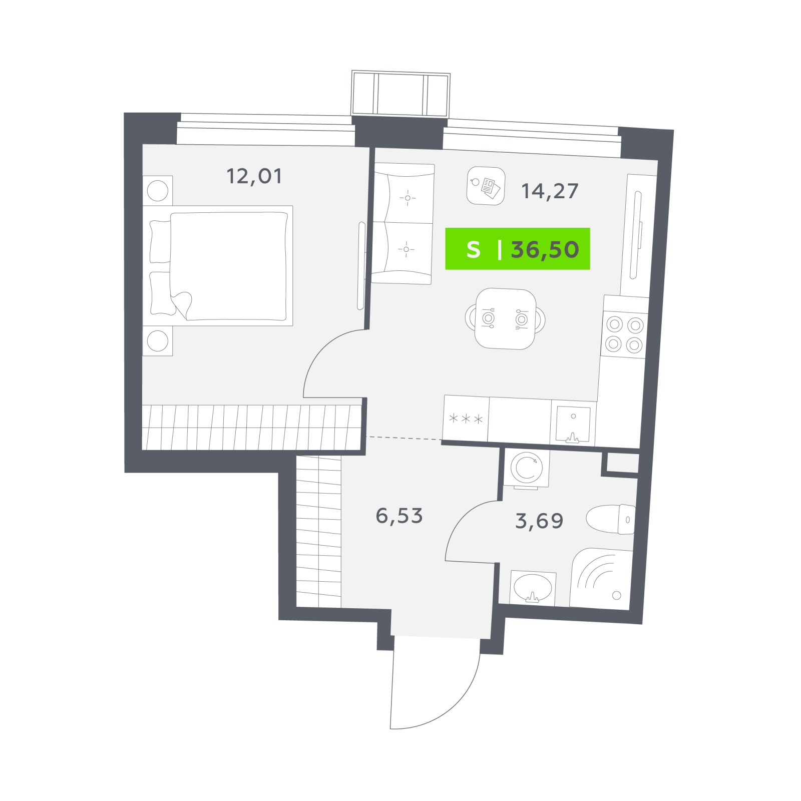 Планировка: 2-комнатная квартира, 36,5 м²