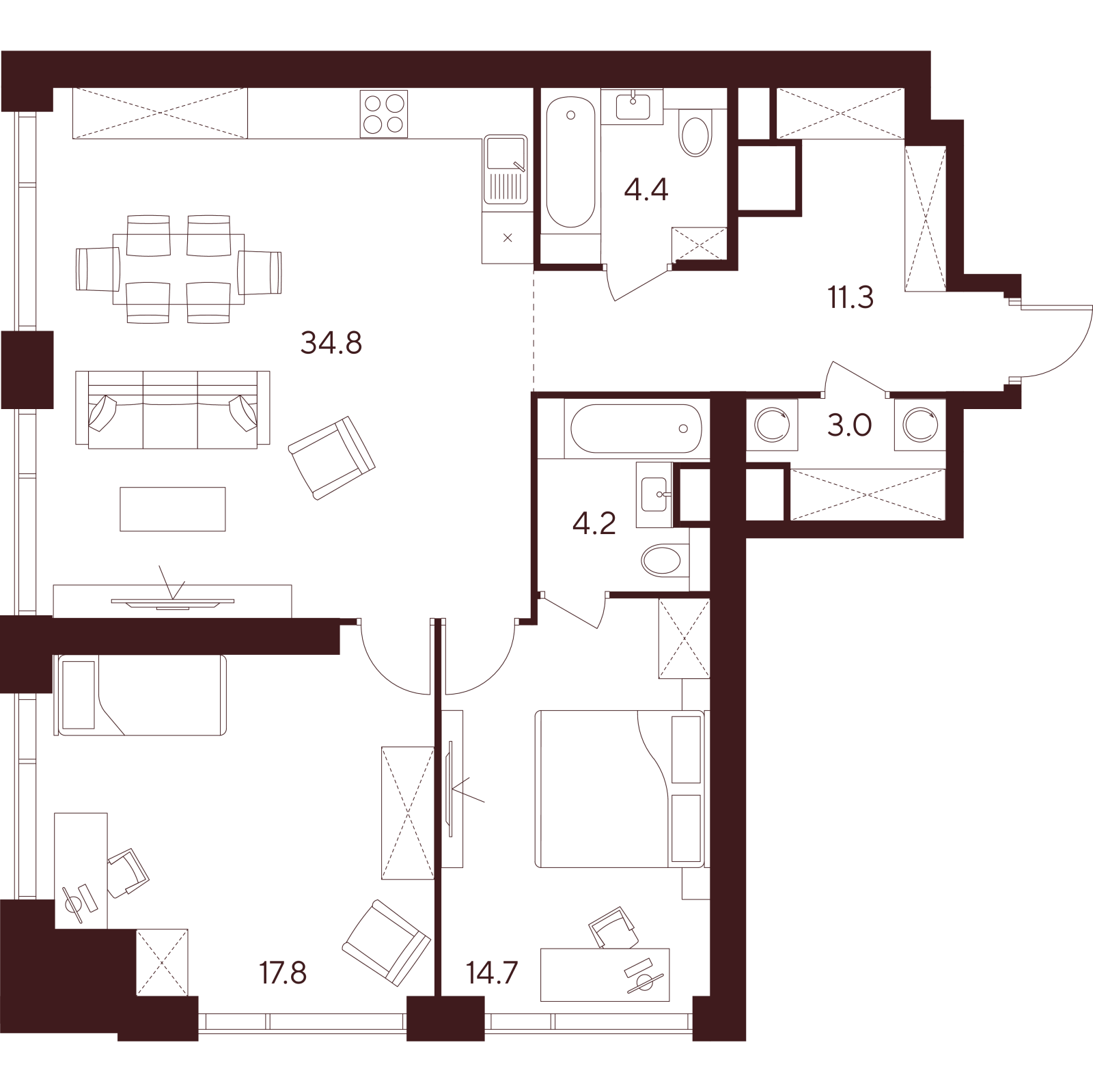 Планировка: 3-комнатная квартира, 90,2 м²