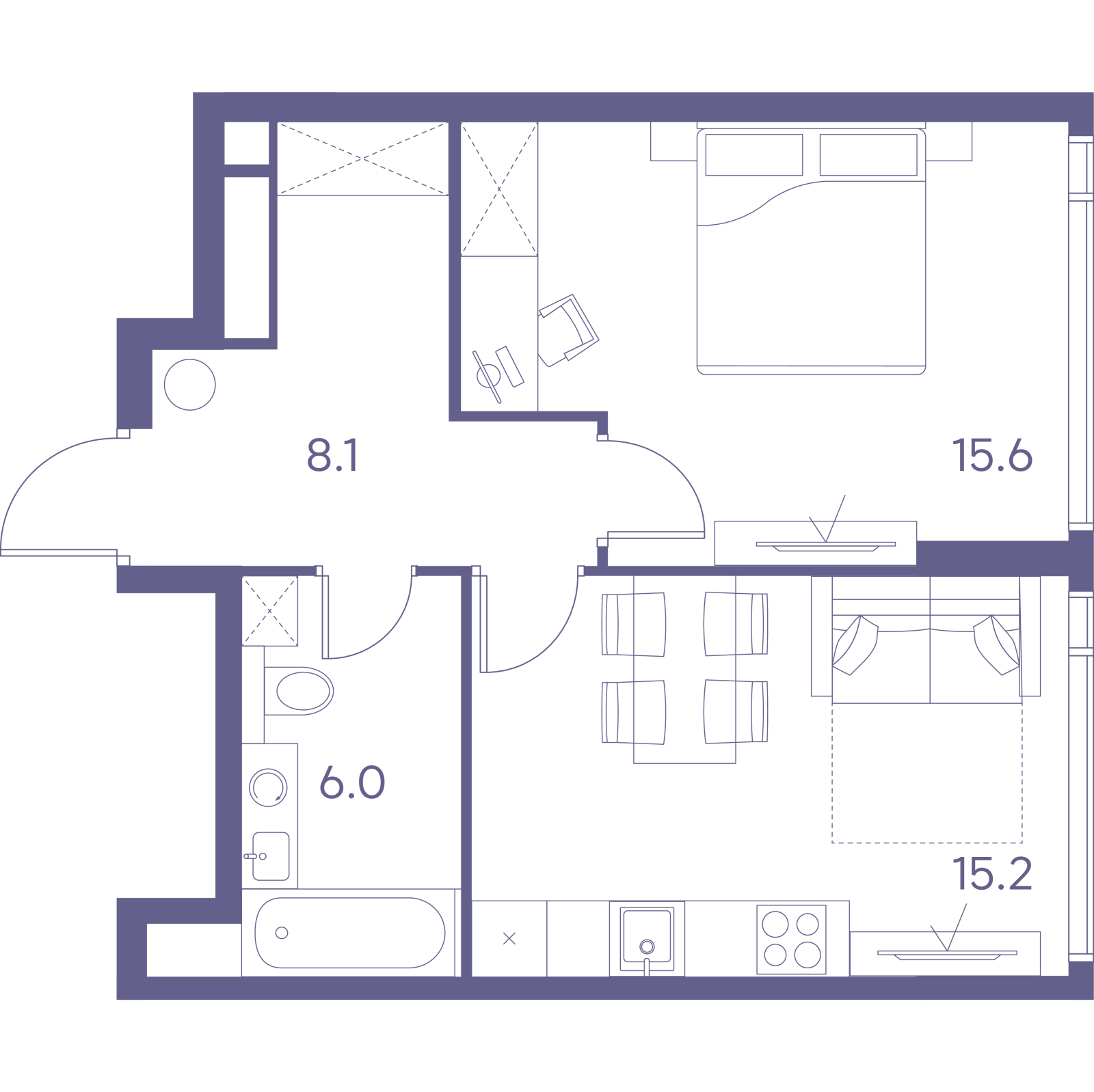 Планировка: 1-комнатная квартира, 44,9 м²