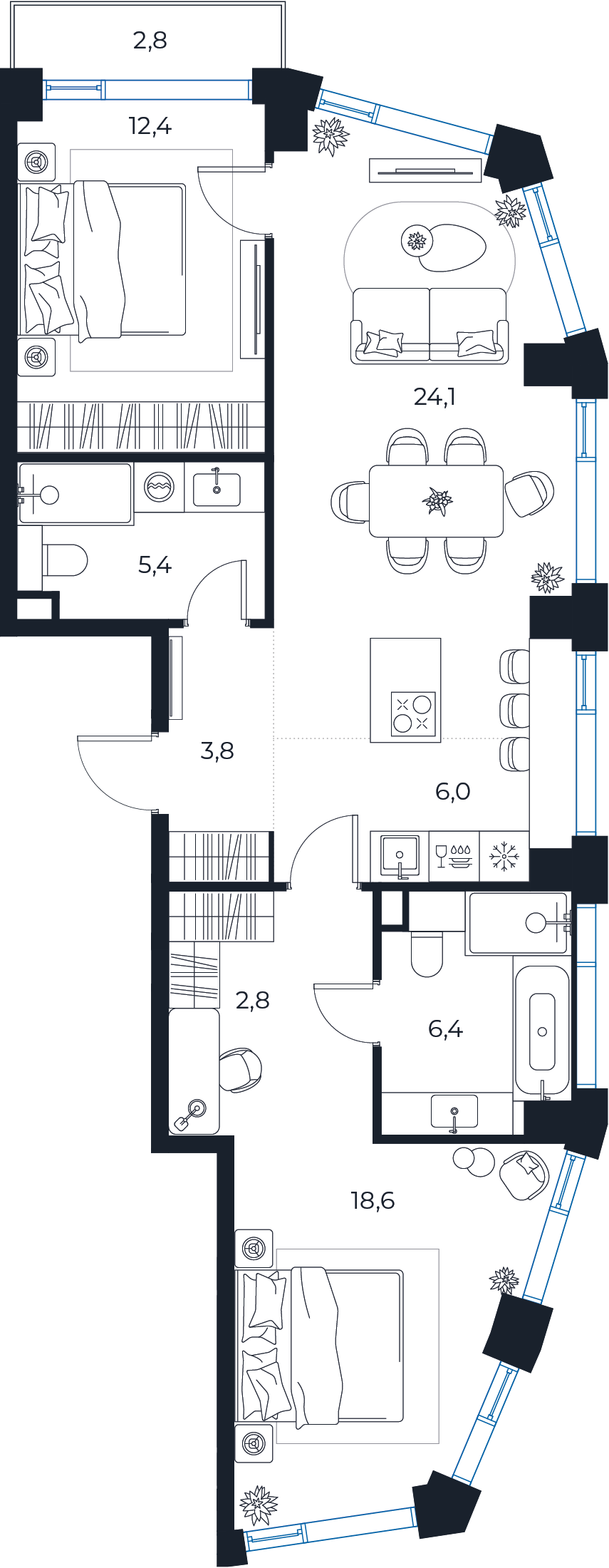 Планировка: 2-комнатная квартира, 80,3 м²