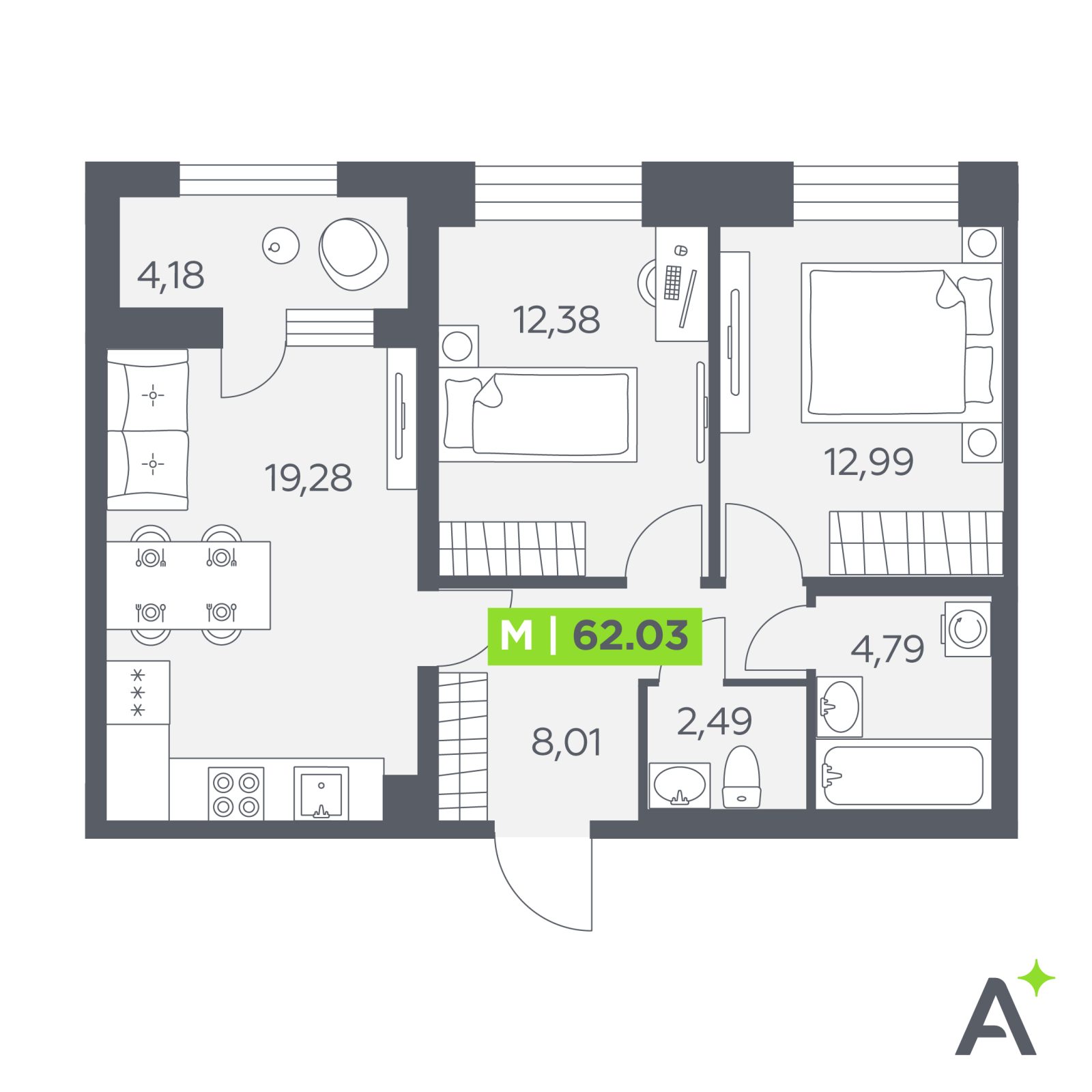 Планировка: 3-комнатная квартира, 62,0 м²