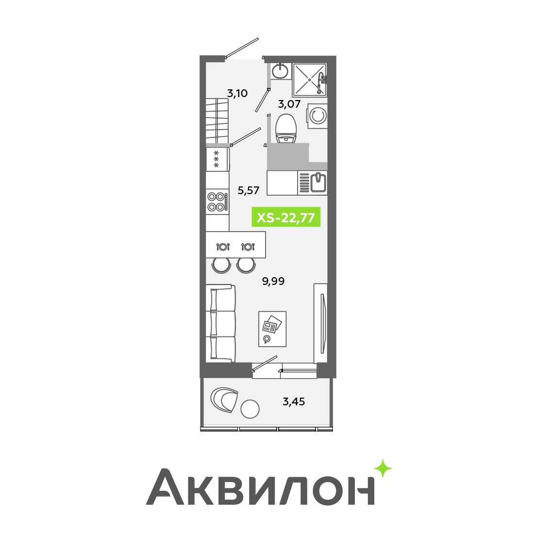 Планировка: студия, 22,8 м²