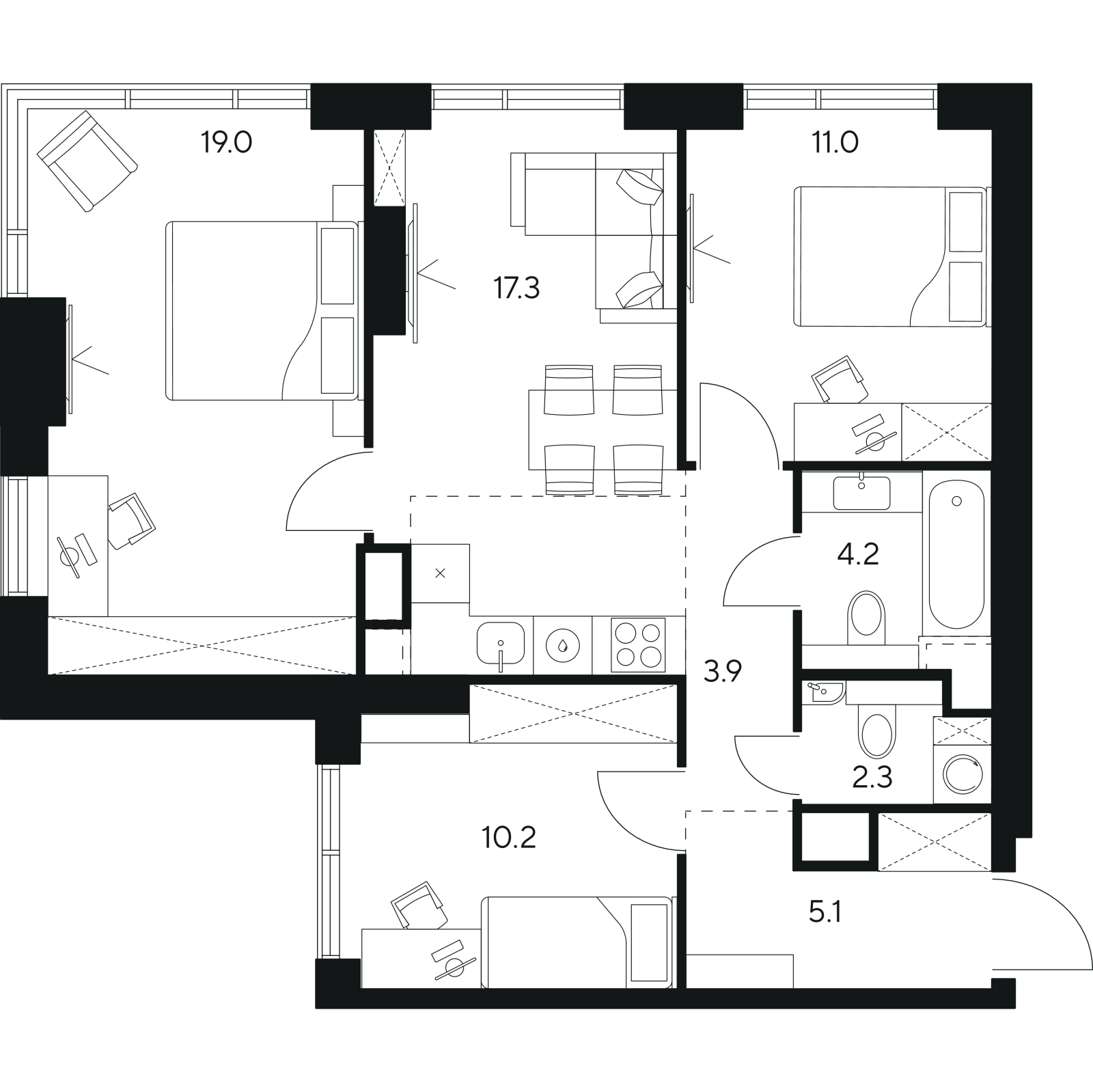 Планировка: 4-комнатная квартира, 73,0 м²