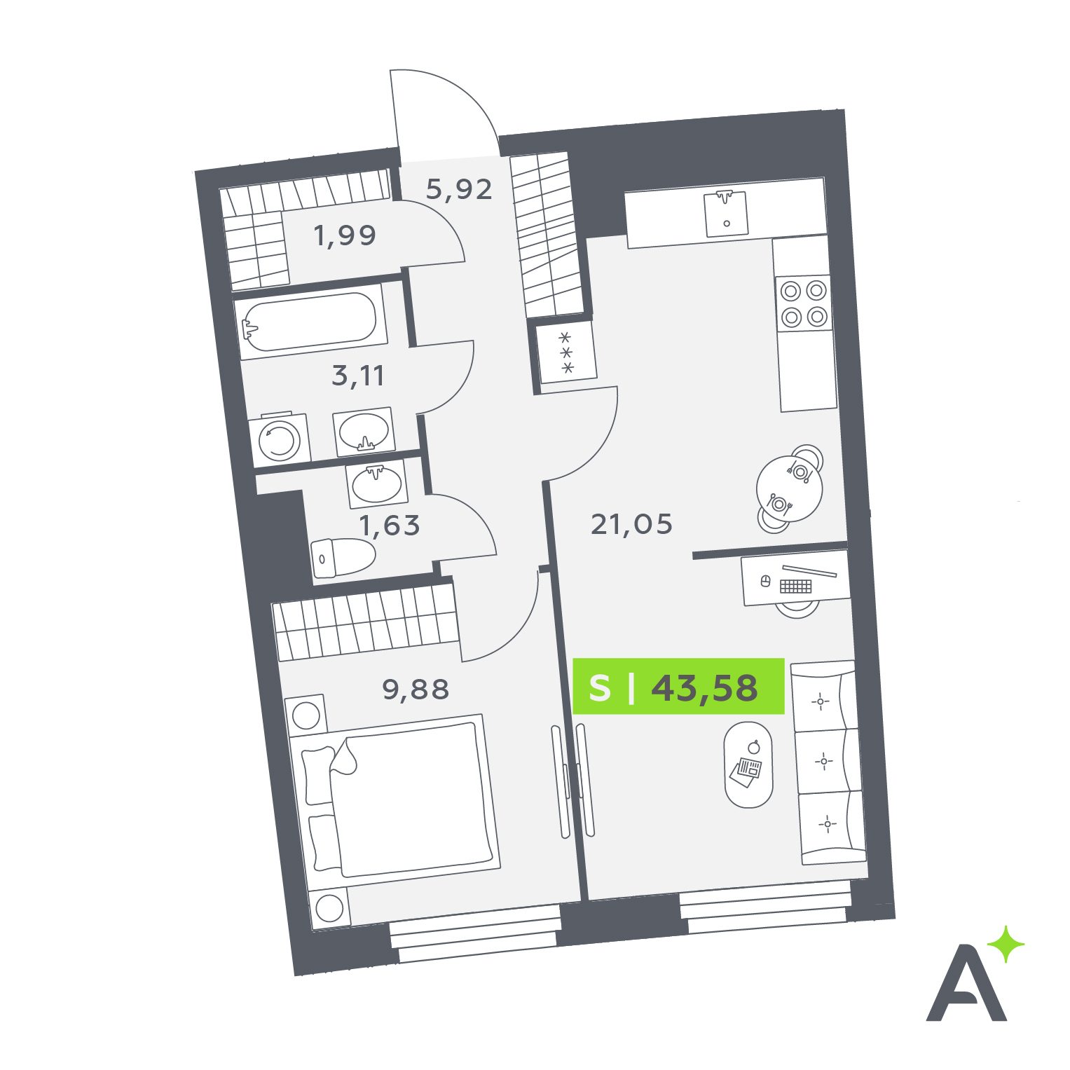 Планировка: 2-комнатная квартира, 43,6 м²