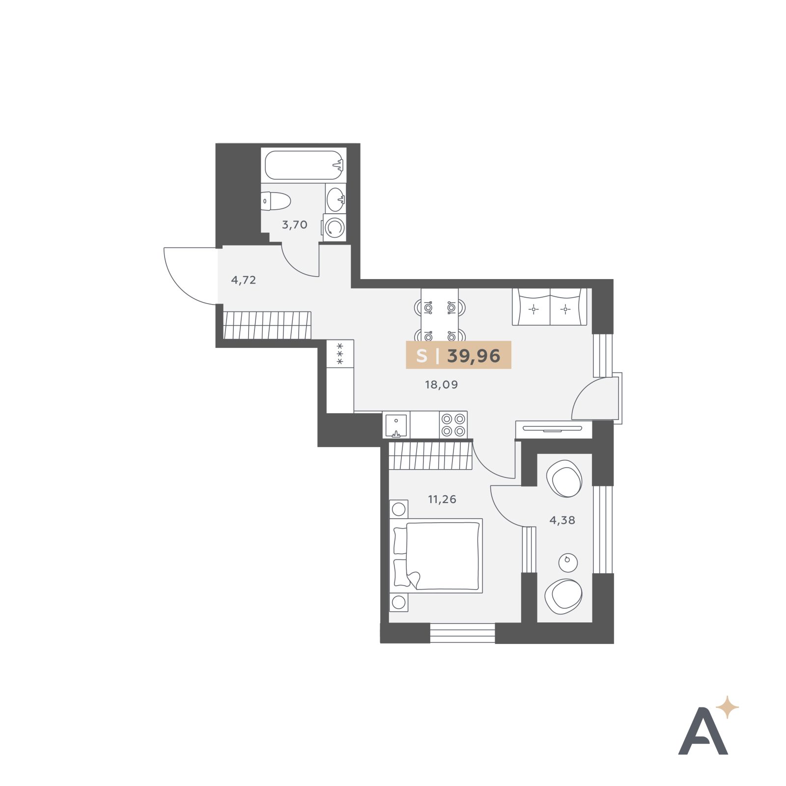 Планировка: 2-комнатная квартира, 40,0 м²
