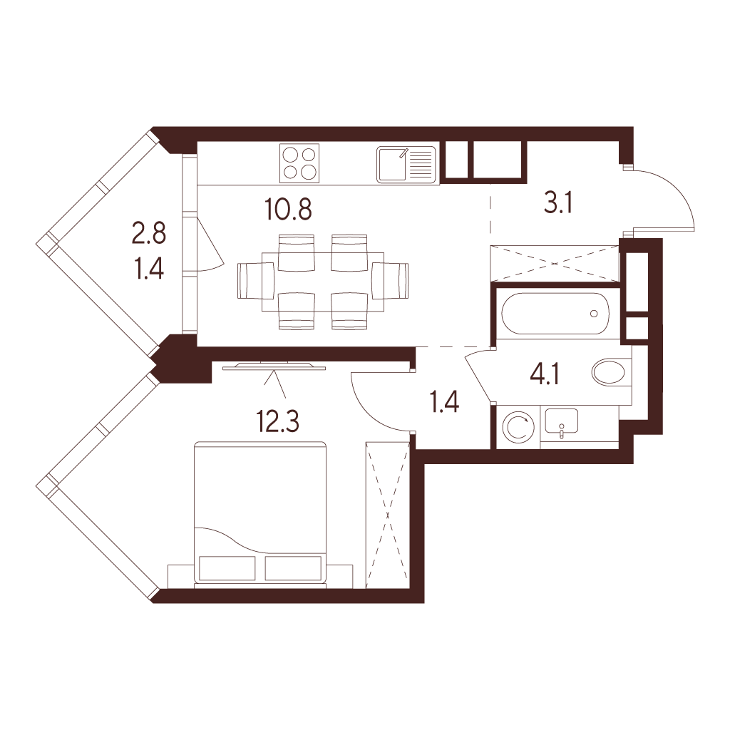 Планировка: 1-комнатная квартира, 33,1 м²