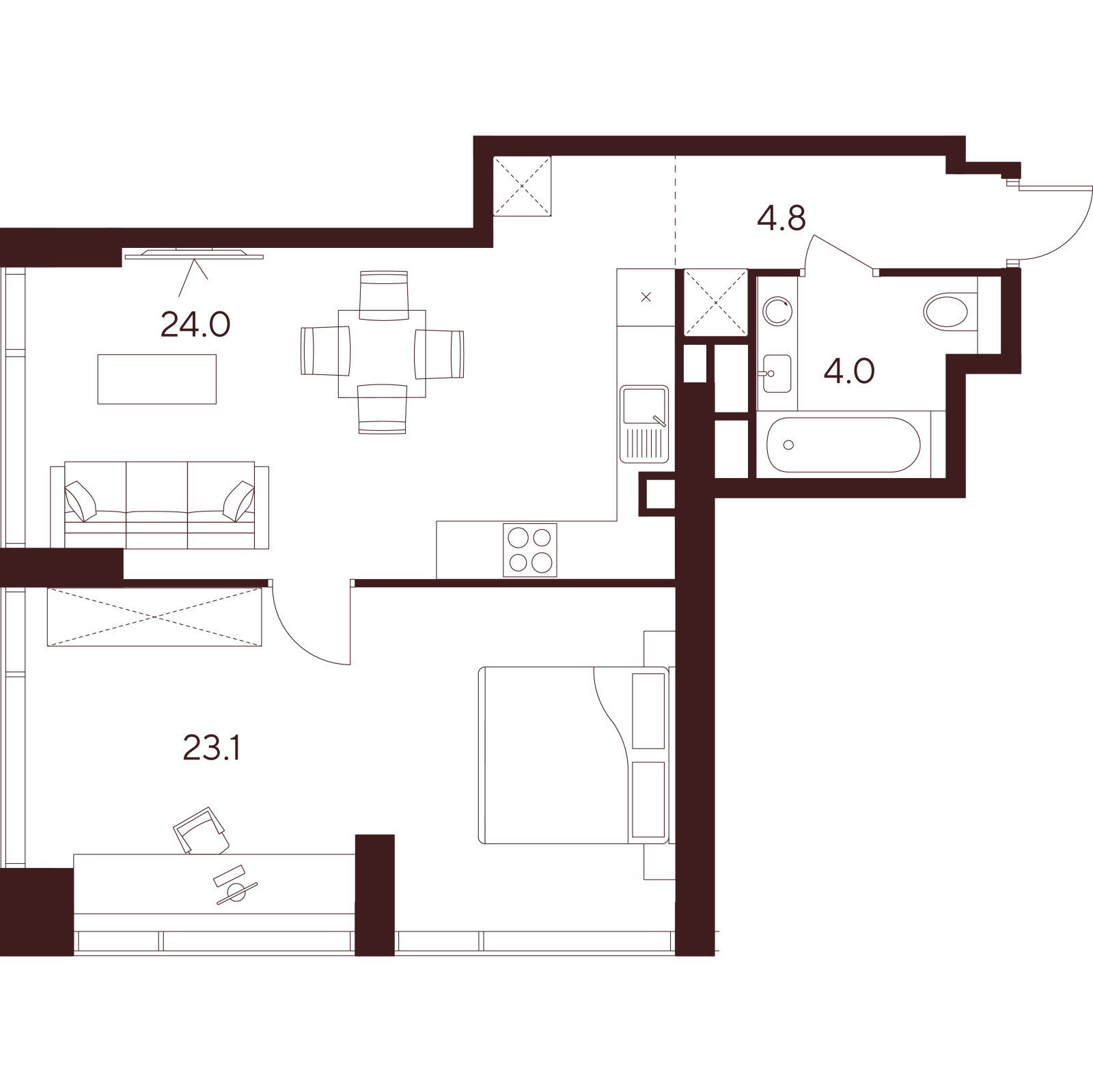 Планировка: 2-комнатная квартира, 55,9 м²
