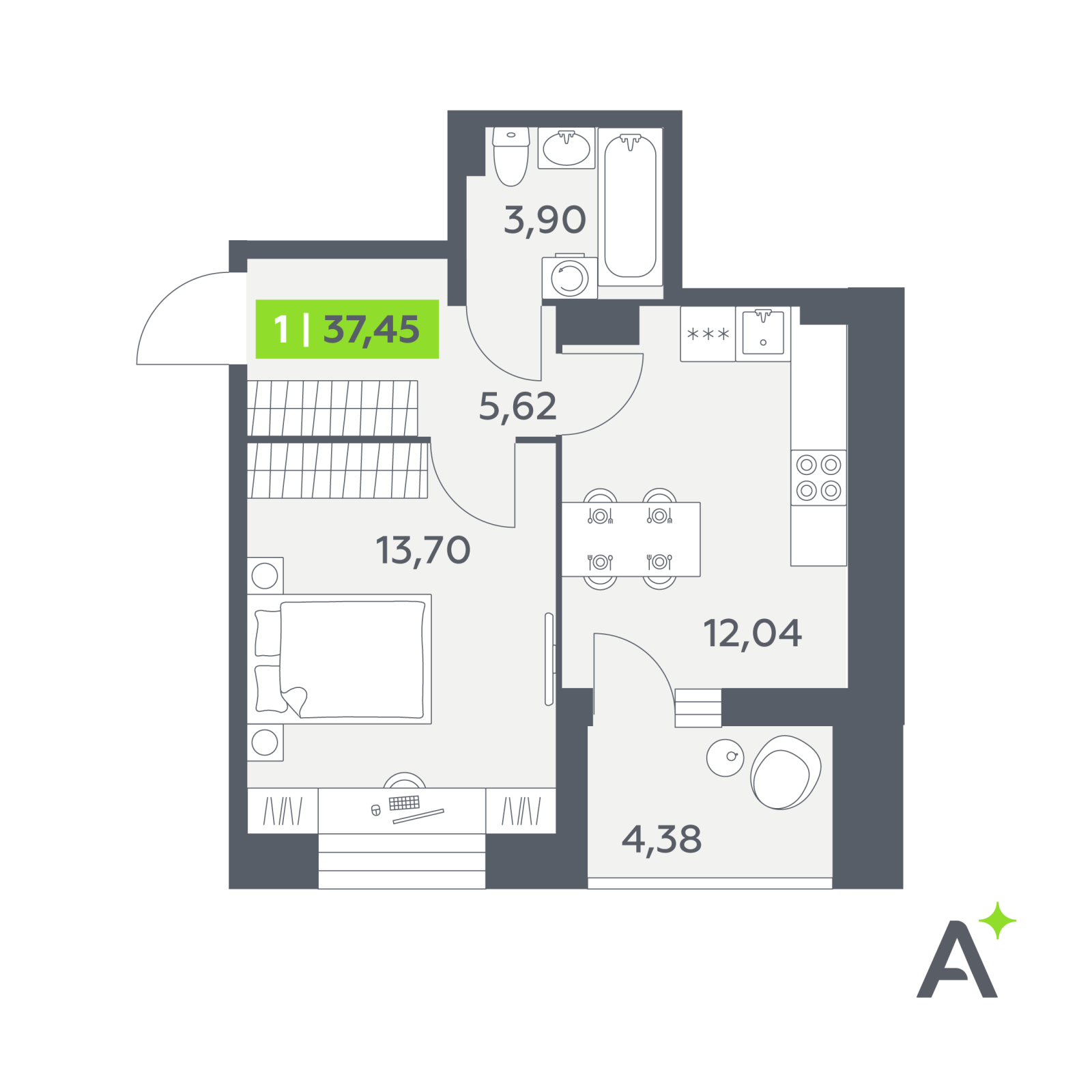 Планировка: 1-комнатная квартира, 37,5 м²