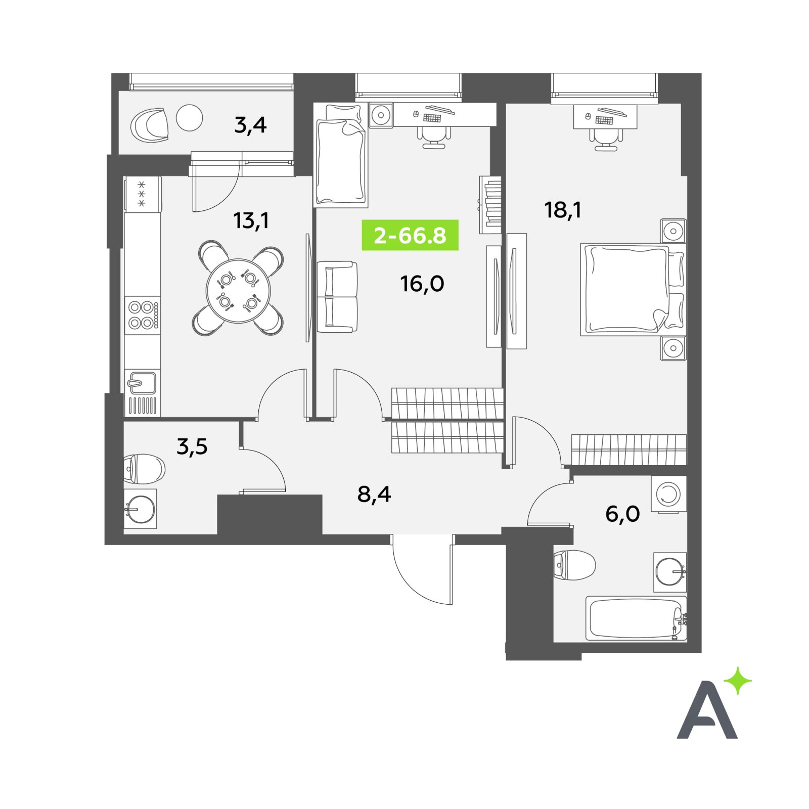 Планировка: 2-комнатная квартира, 66,8 м²