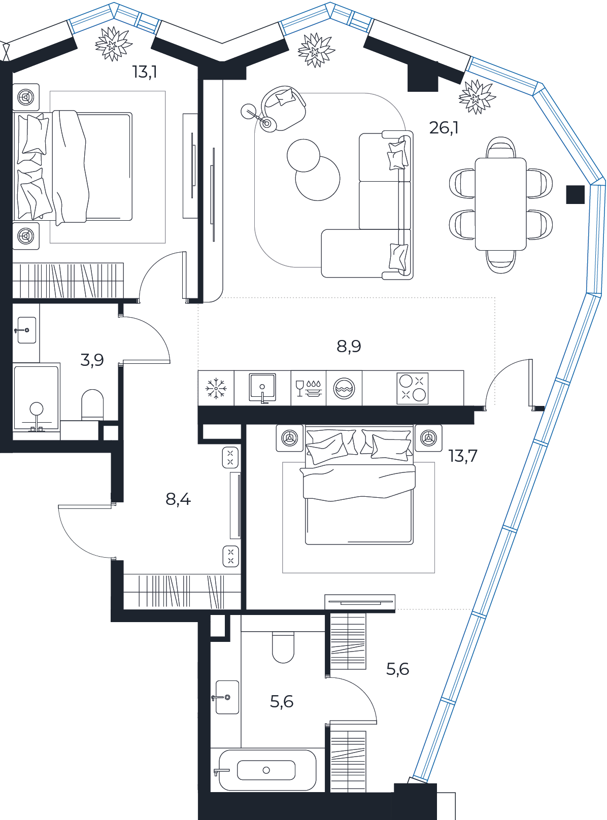 Планировка: 2-комнатная квартира, 85,3 м²