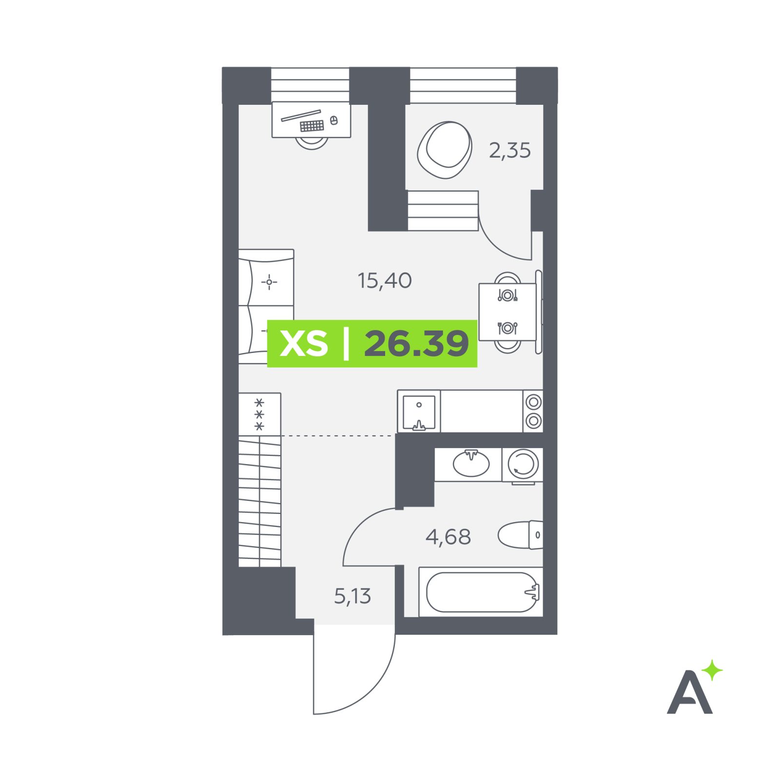 Планировка: студия, 26,4 м²