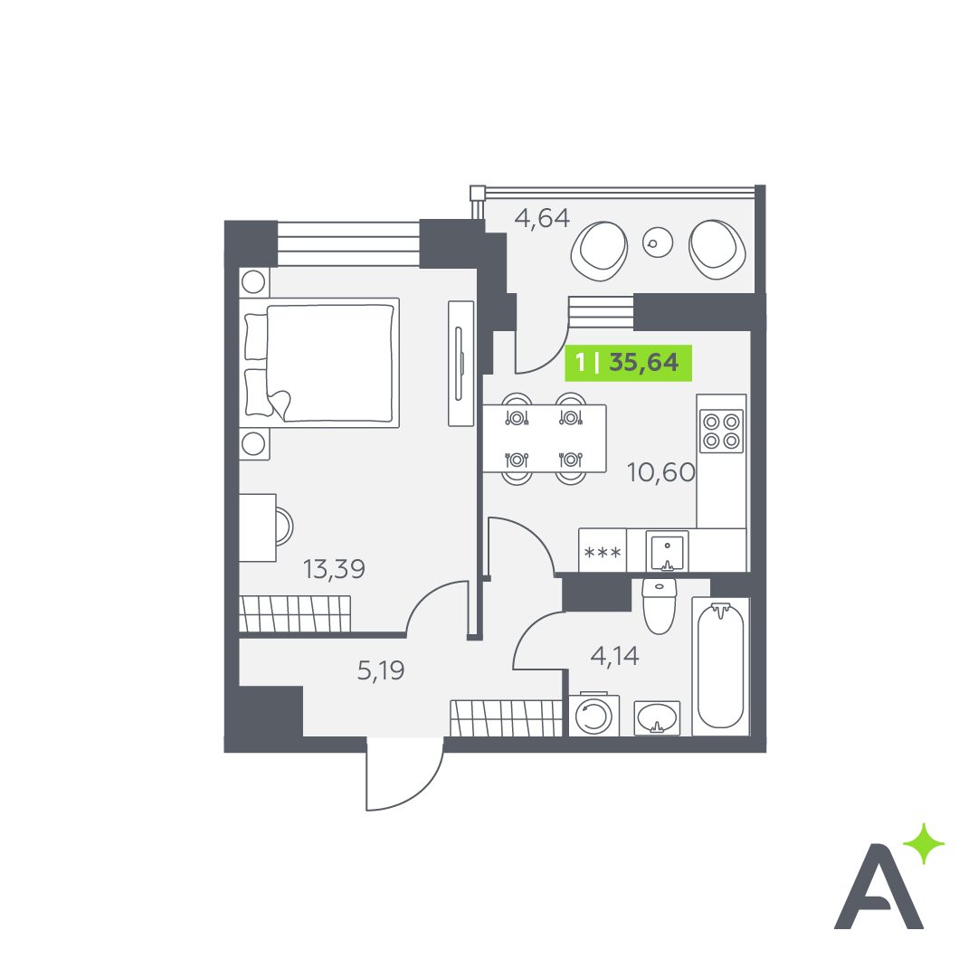 Планировка: 1-комнатная квартира, 35,6 м²