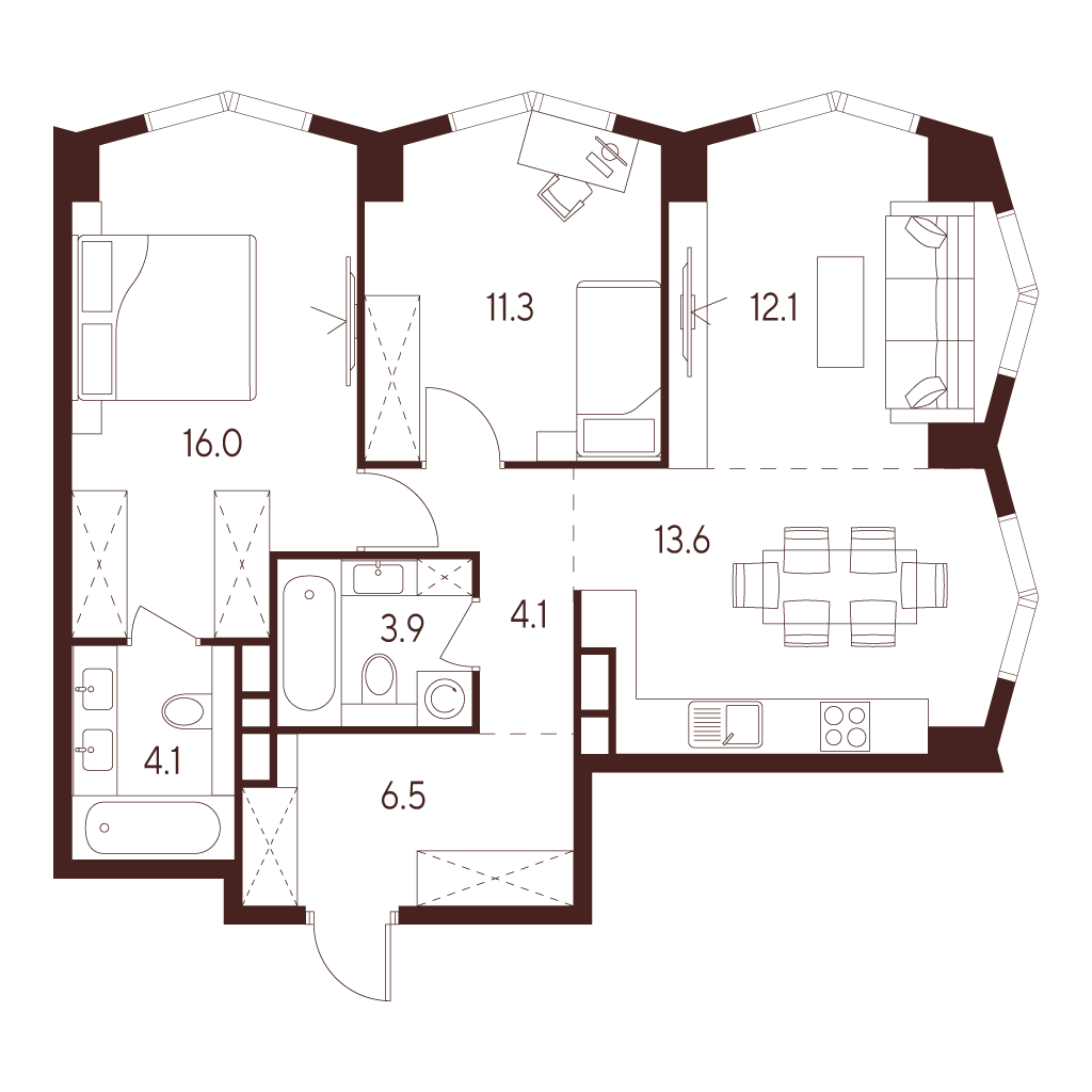 Планировка: 3-комнатная квартира, 71,6 м²