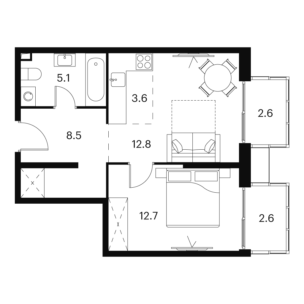 Планировка: 2-комнатная квартира, 47,9 м²