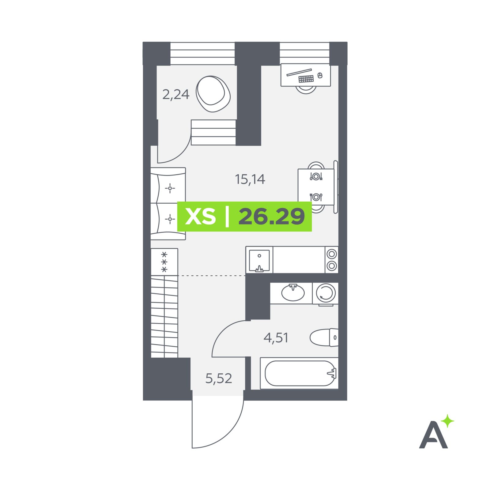 Планировка: студия, 26,3 м²