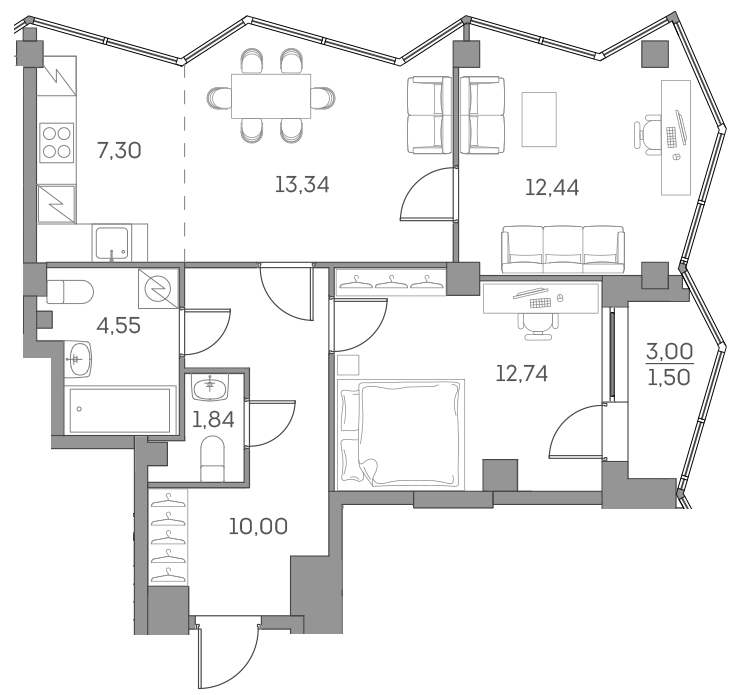 Планировка: 3-комнатная квартира, 63,7 м²