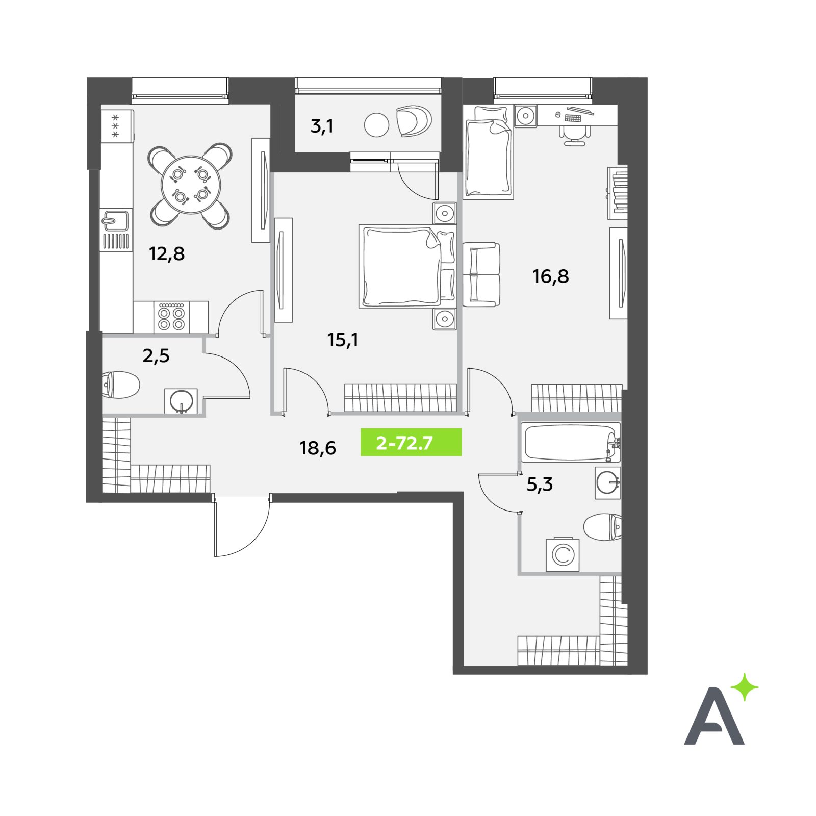 Планировка: 2-комнатная квартира, 72,7 м²