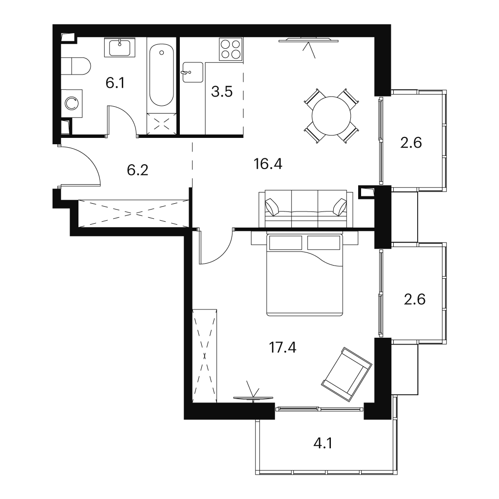 Планировка: 2-комнатная квартира, 58,9 м²