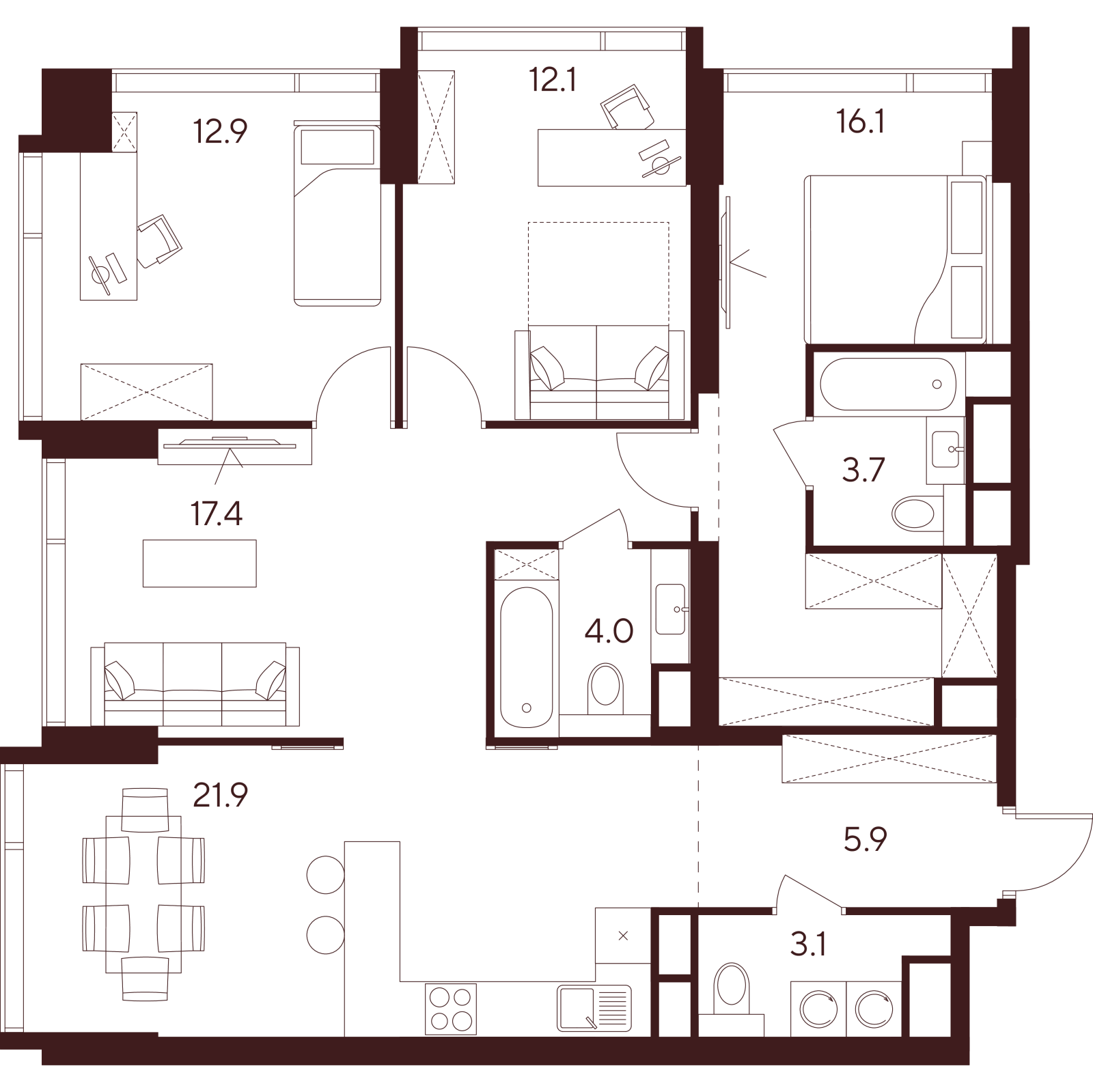 Планировка: 5-комнатная квартира, 97,1 м²