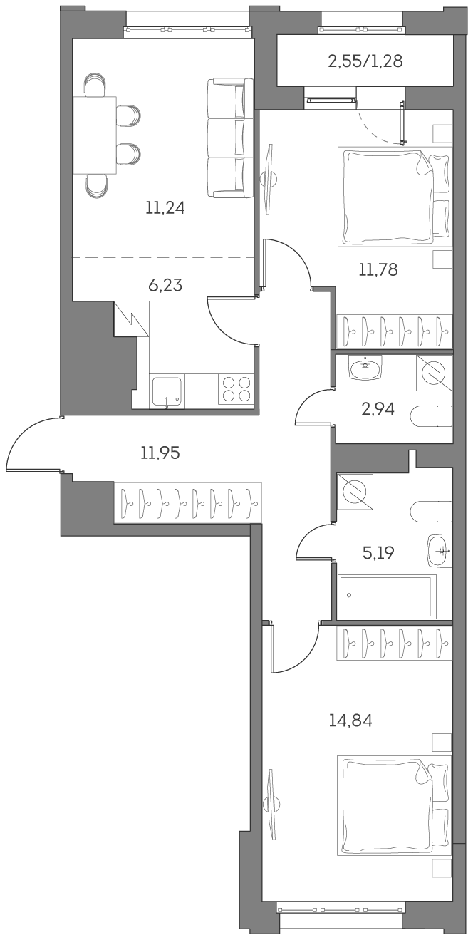 Планировка: 3-комнатная квартира, 65,5 м²