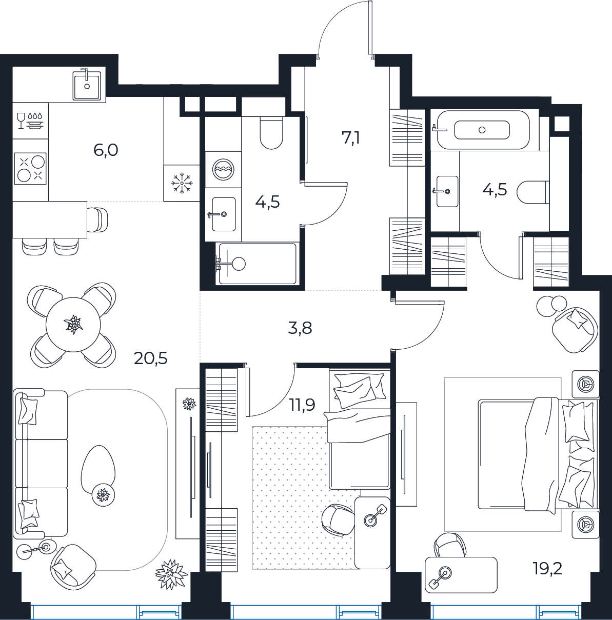 Планировка: 2-комнатная квартира, 77,5 м²