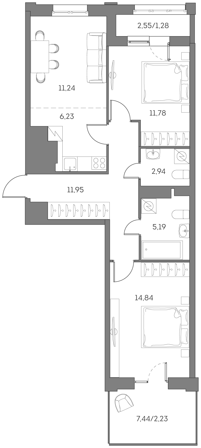 Планировка: 3-комнатная квартира, 67,7 м²