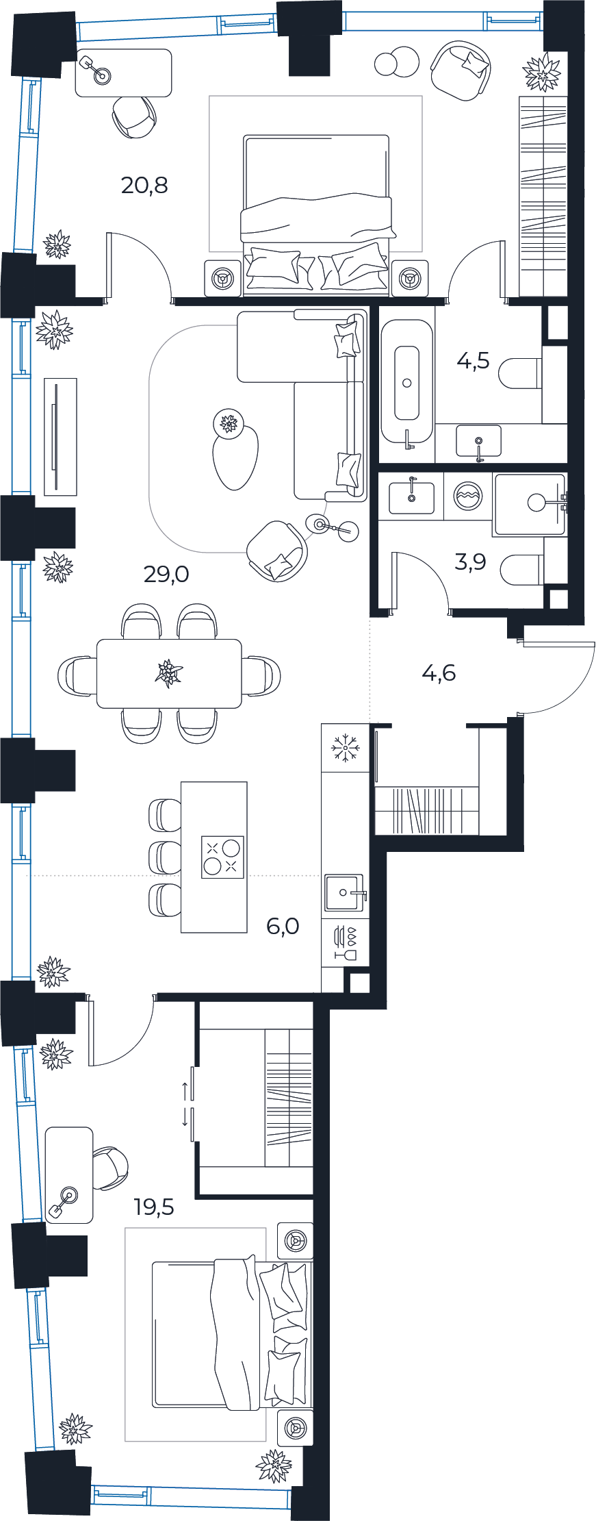 Планировка: 2-комнатная квартира, 88,3 м²