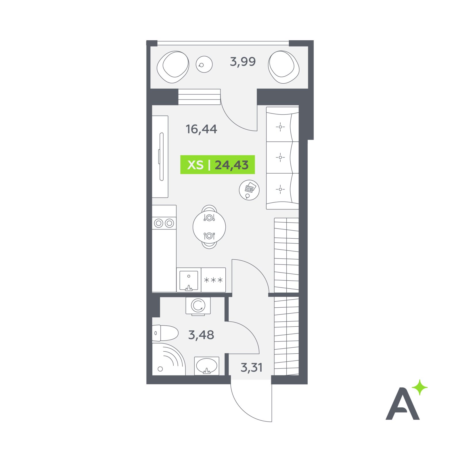 Планировка: студия, 24,4 м²